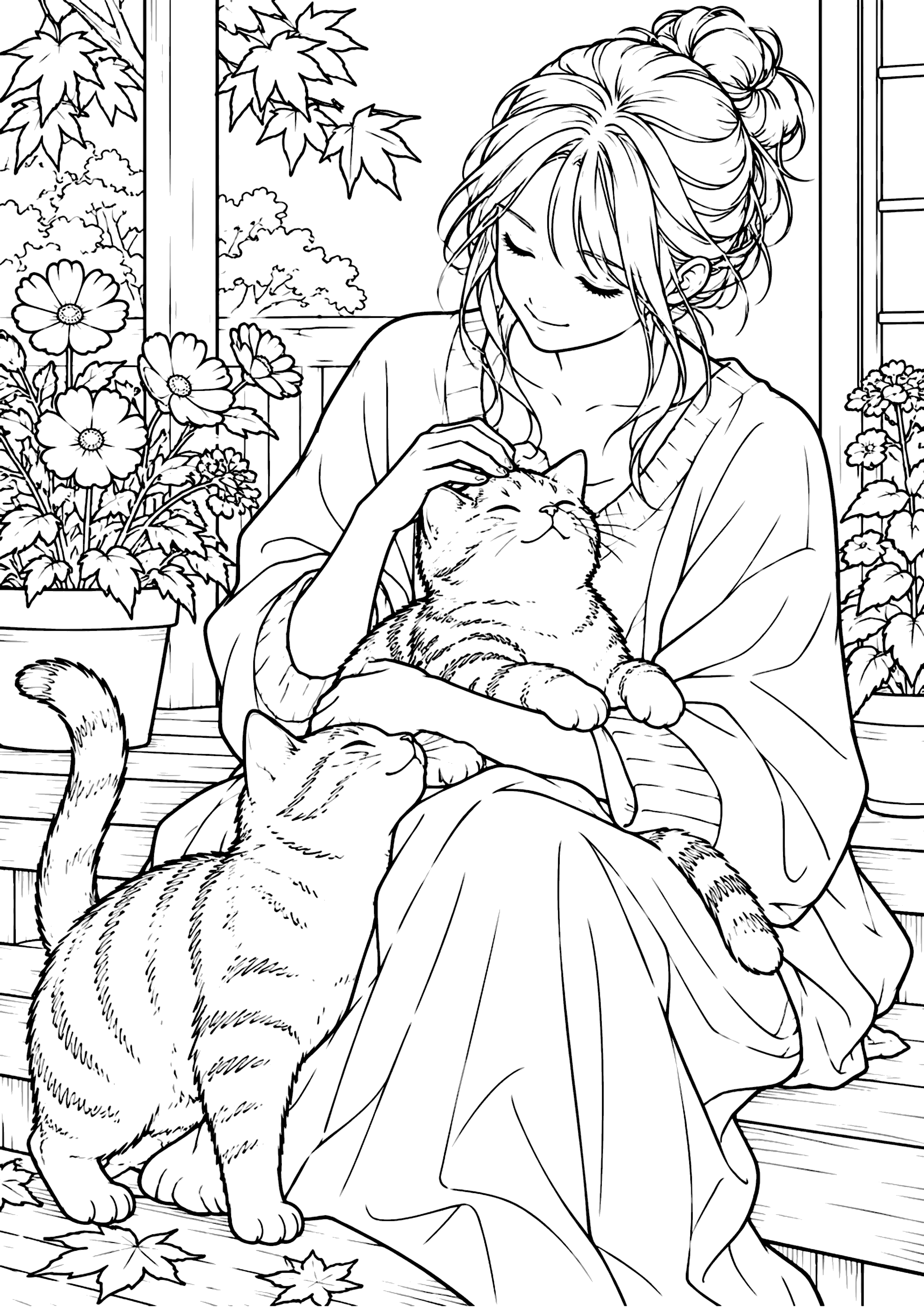 猫と女性 塗り絵