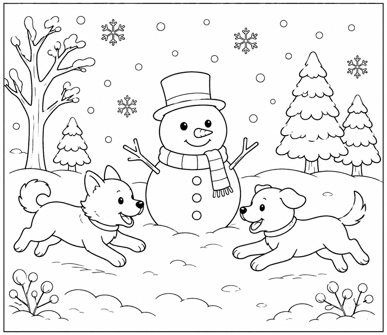 雪だるまと犬 塗り絵