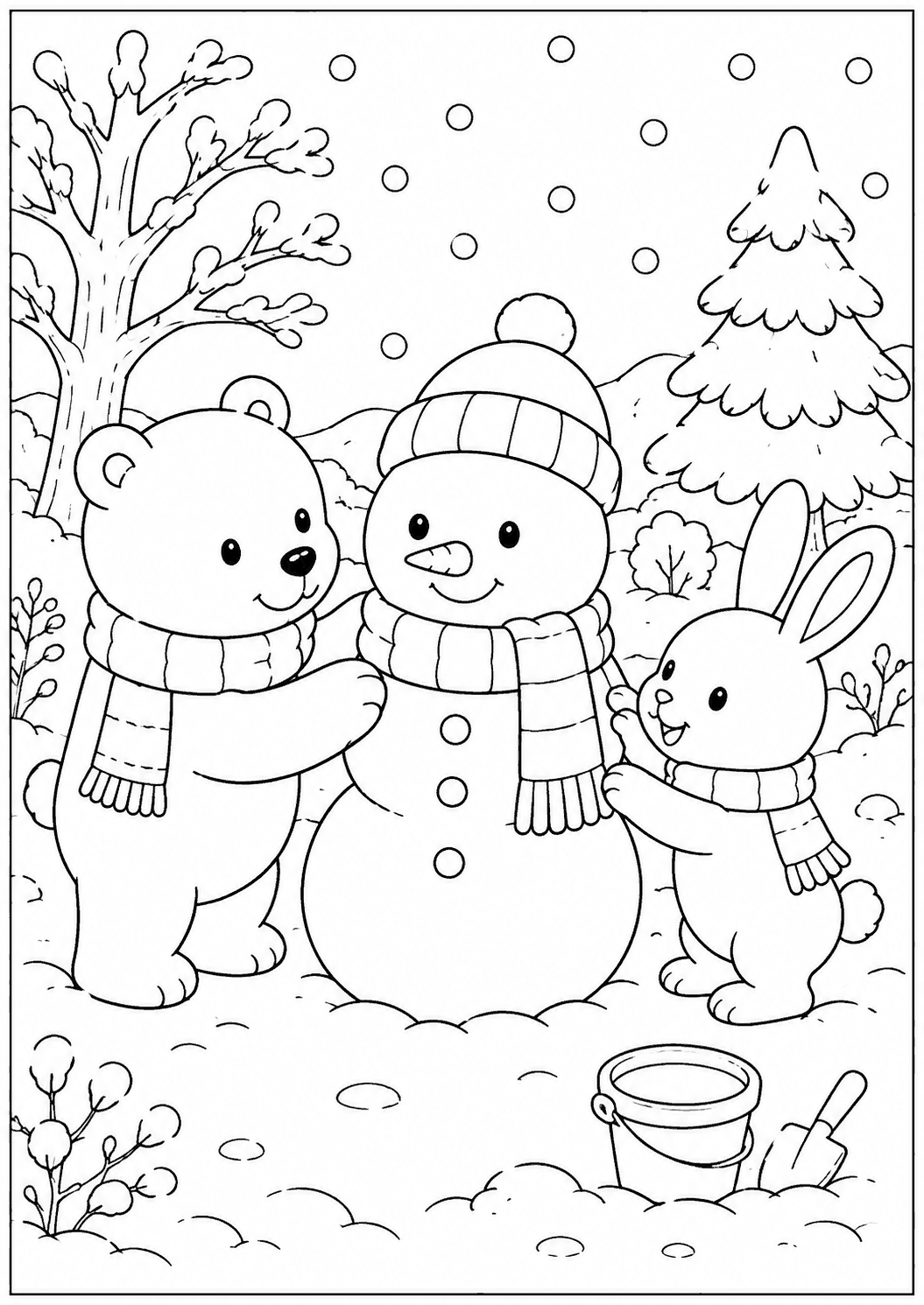 雪だるま作り 塗り絵